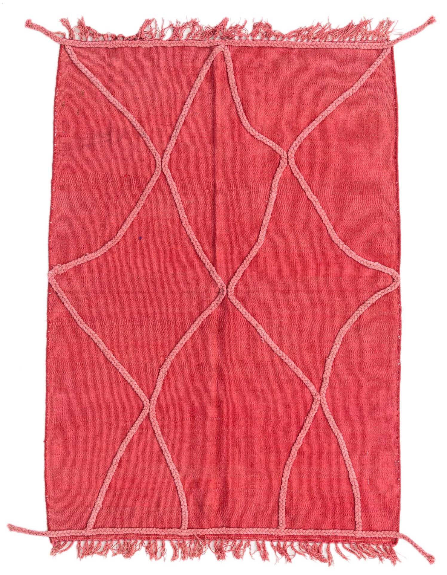 A 3x5 rectangular pink wool flatweave rug with a lighter pink braided geometric tribal pattern and fringed edges.