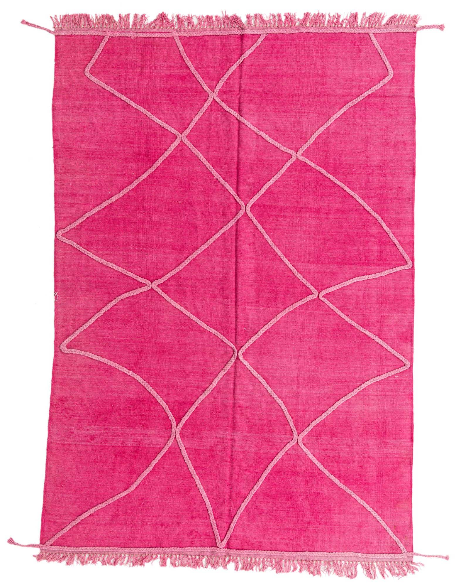 A vibrant 5x8 rectangular pink wool rug with a light pink tribal diamond pattern and fringed ends.
