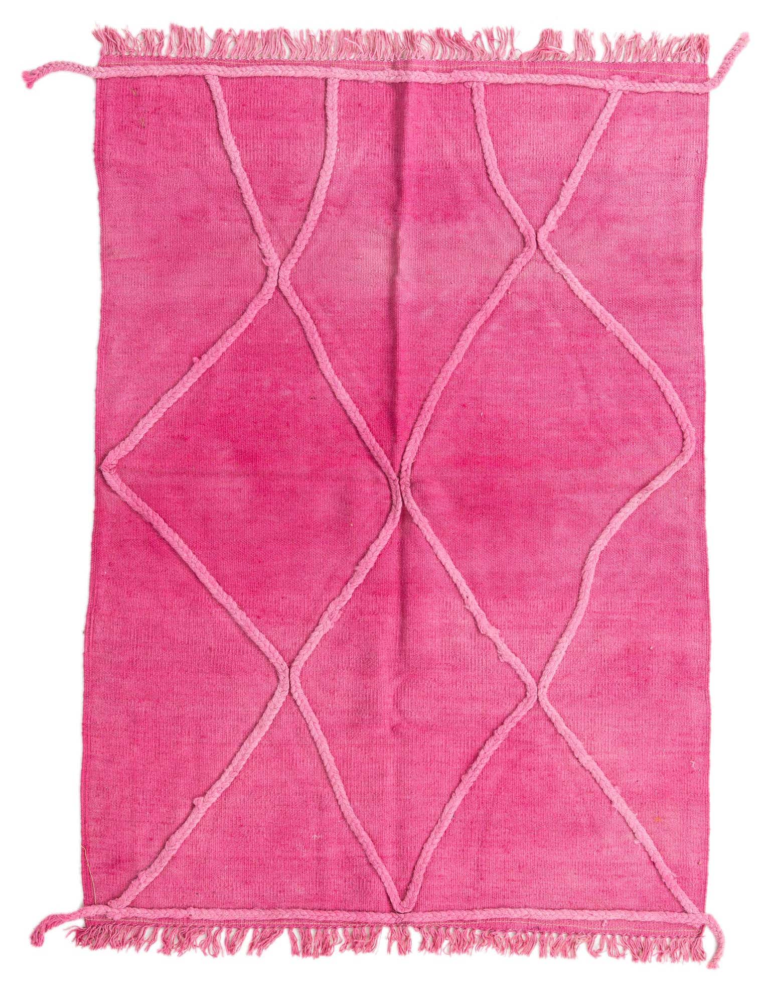A vibrant 3x5 rectangular pink wool rug with a raised geometric diamond pattern and fringed edges.