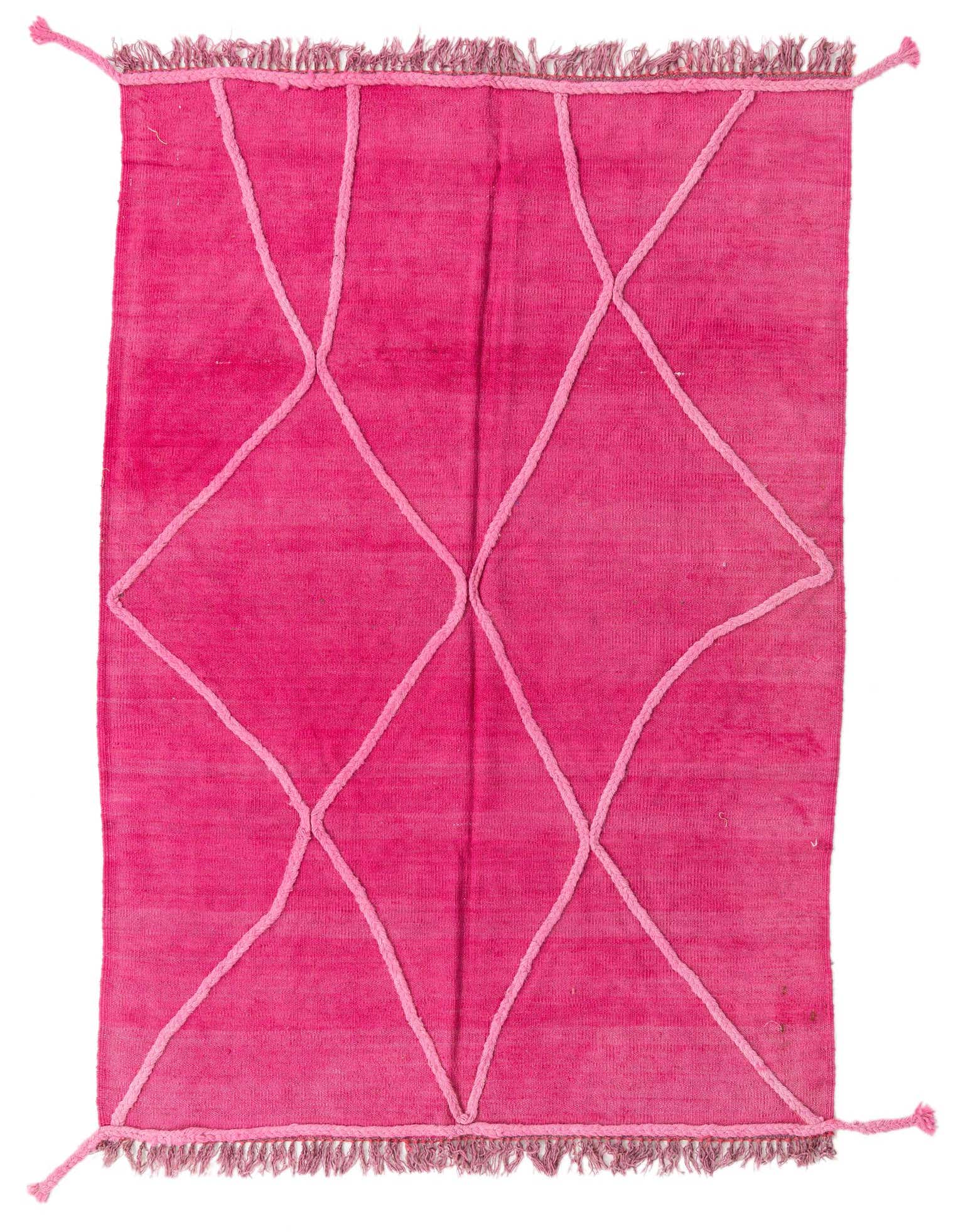 A vibrant 4x6 rectangular pink flatweave rug with a raised light pink tribal diamond pattern and fringed edges.