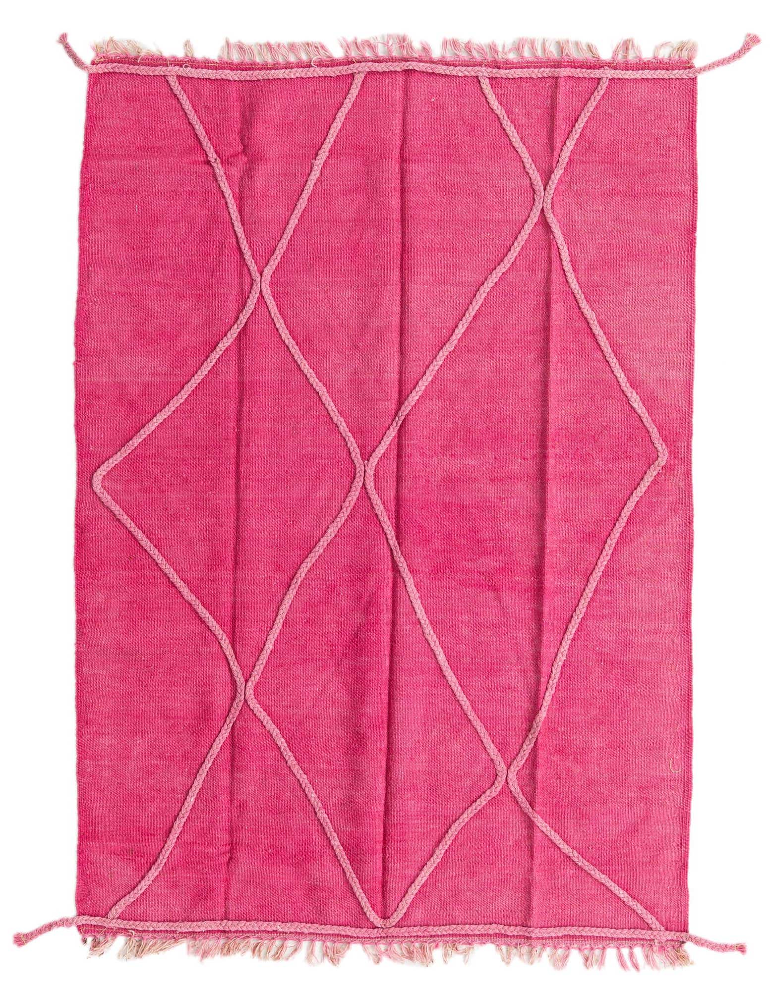 A 3x5 rectangular pink wool flatweave rug with a lighter pink braided diamond pattern and fringed edges.