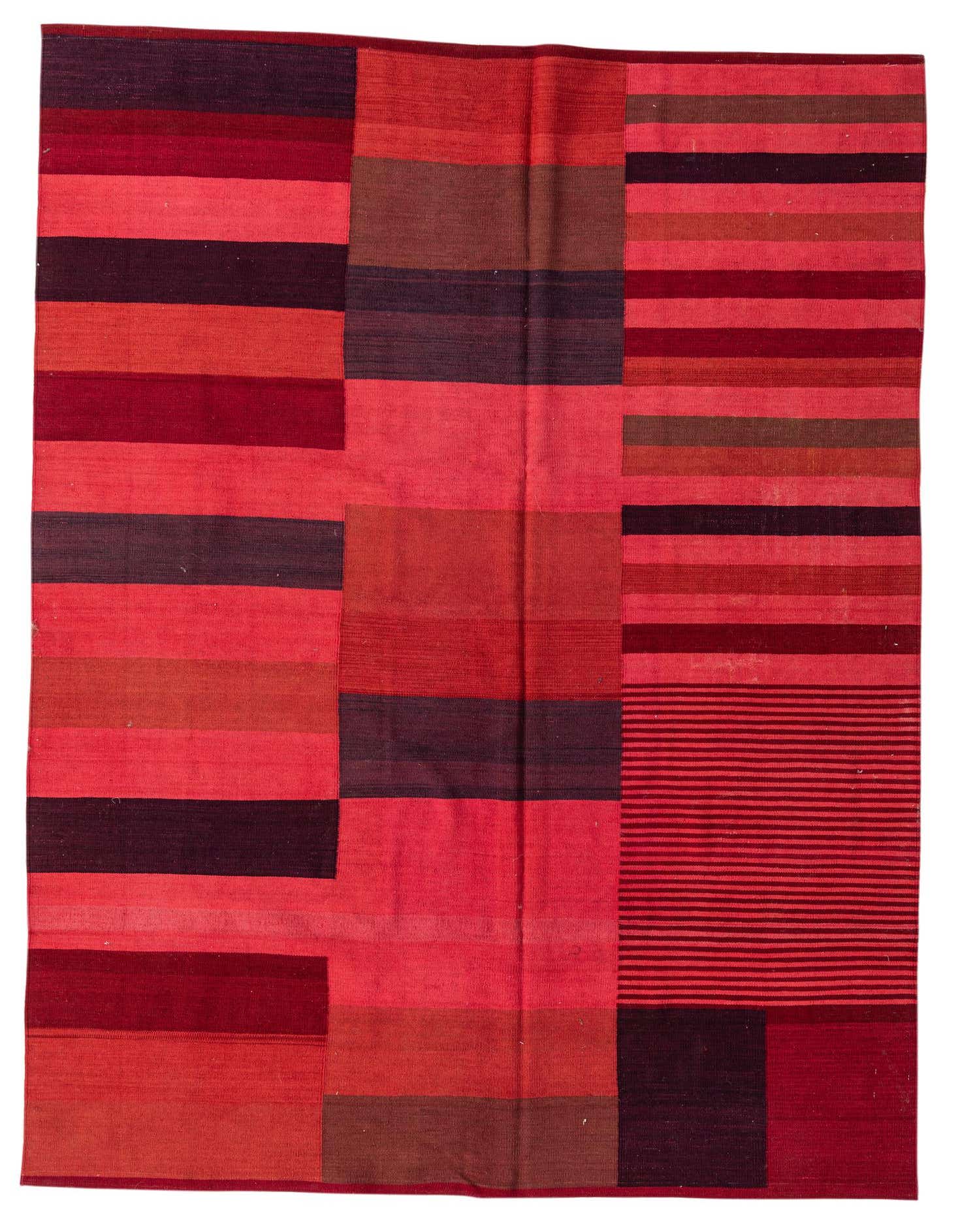 A 6x9 rectangular Kilim Modern rug featuring a vibrant striped pattern in various shades of pinks and reds, with some darker maroon and brown accents.