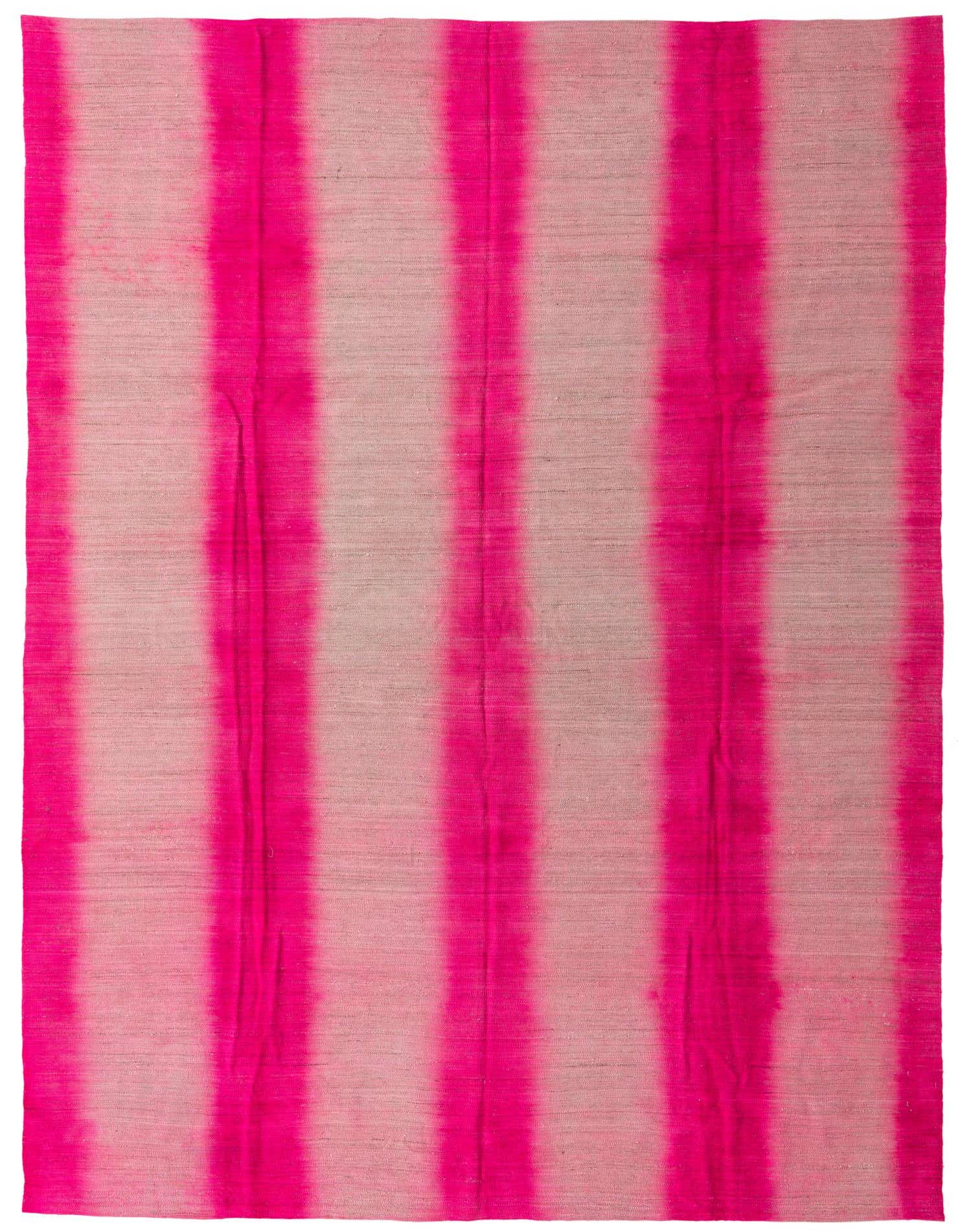 A rectangular 8x11 pink and beige wool flatweave rug with bold vertical stripes, suitable for a modern living room.