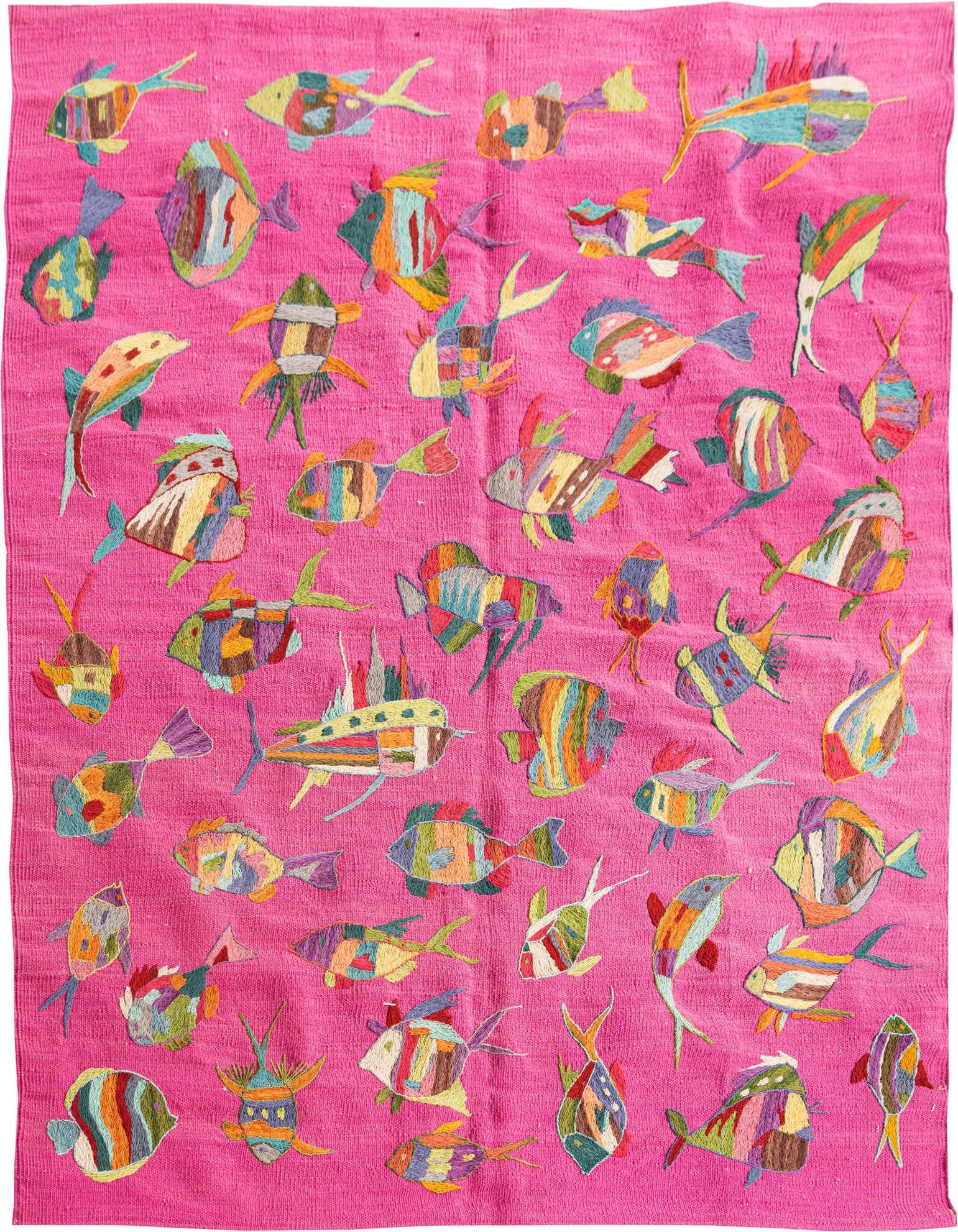 A vibrant 4x6 pink flatweave wool rug featuring numerous colorful embroidered fish in various shapes and sizes, perfect for a playful room.