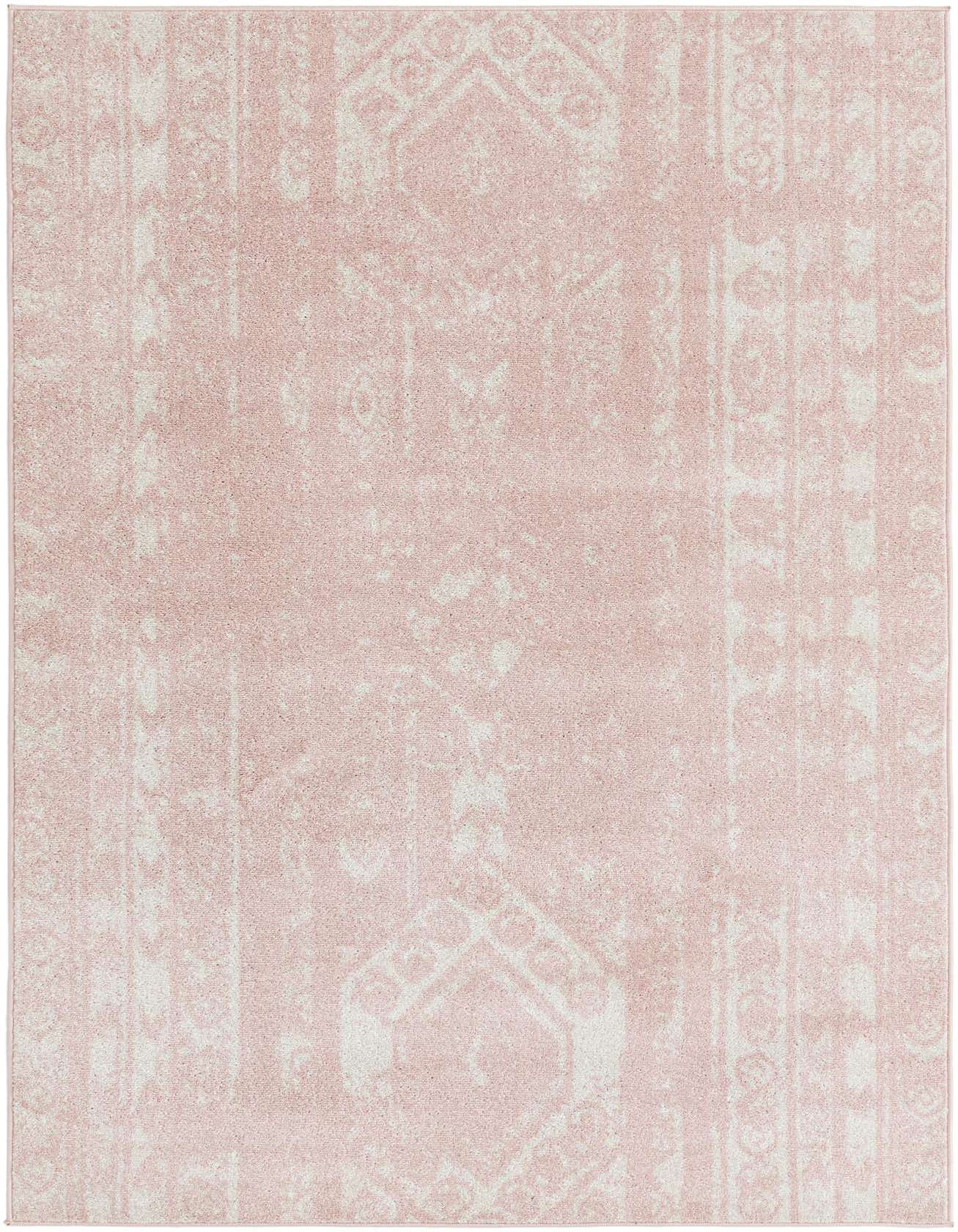 A 5x8 rectangular pink and white polypropylene area rug with a faded Southwestern tribal pattern, suitable for a living room.