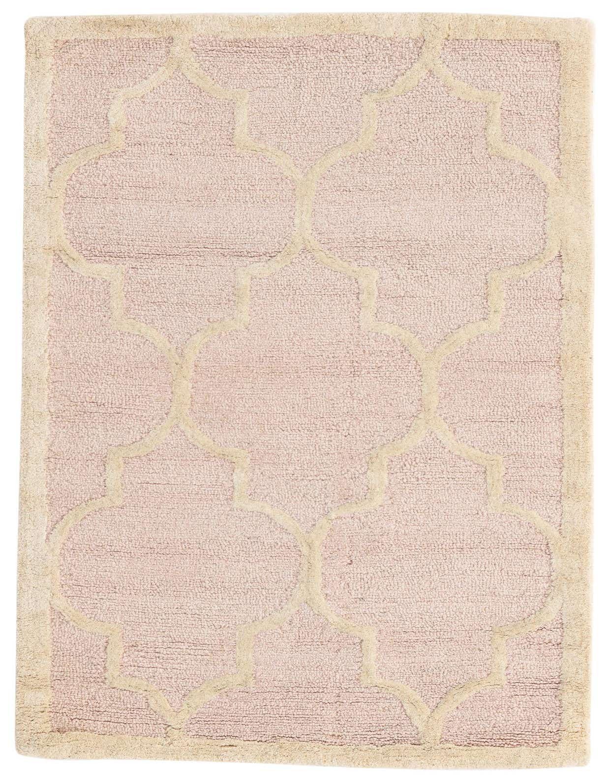 A 3x5 rectangular pink and cream modern abstract rug with a high pile, featuring a repeating quatrefoil pattern.