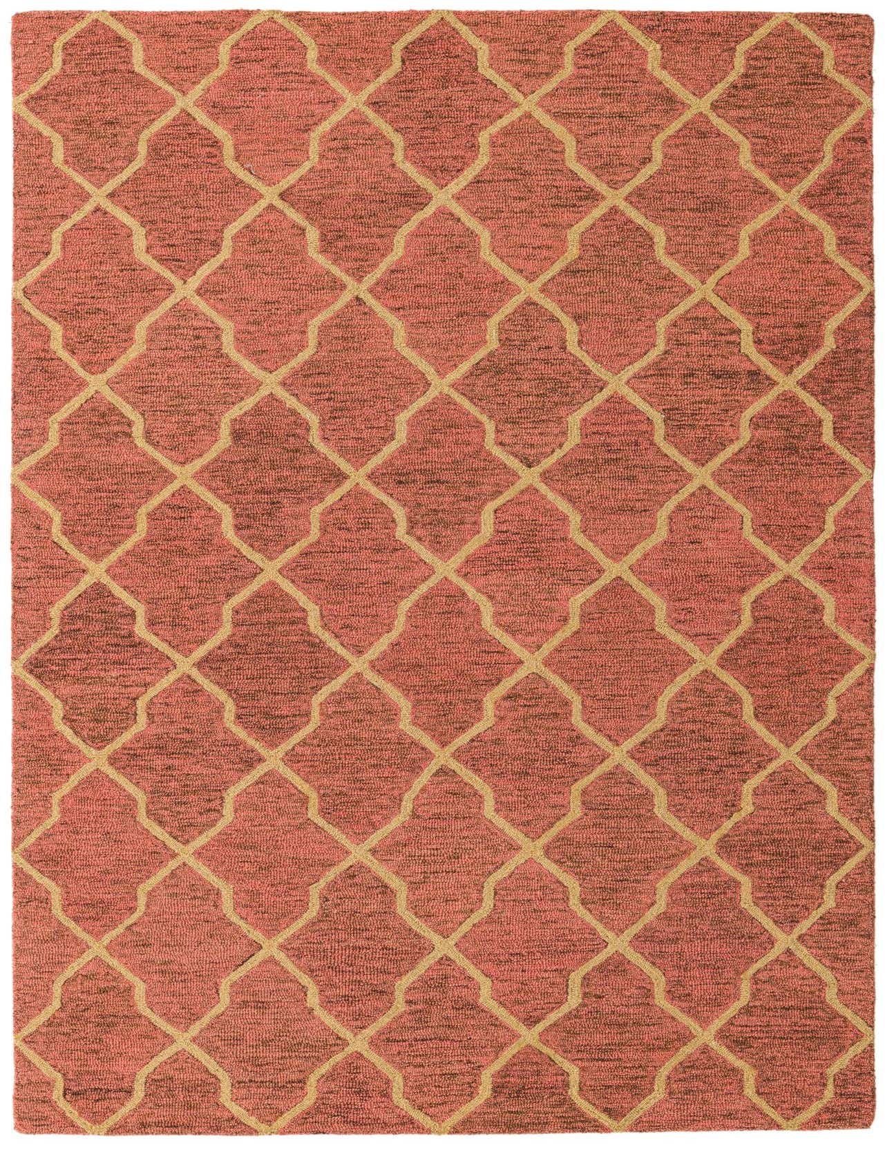 A 5x8 rectangular Luna rug in shades of pink with a modern abstract pattern of interlocking gold lines, suitable for a living room.