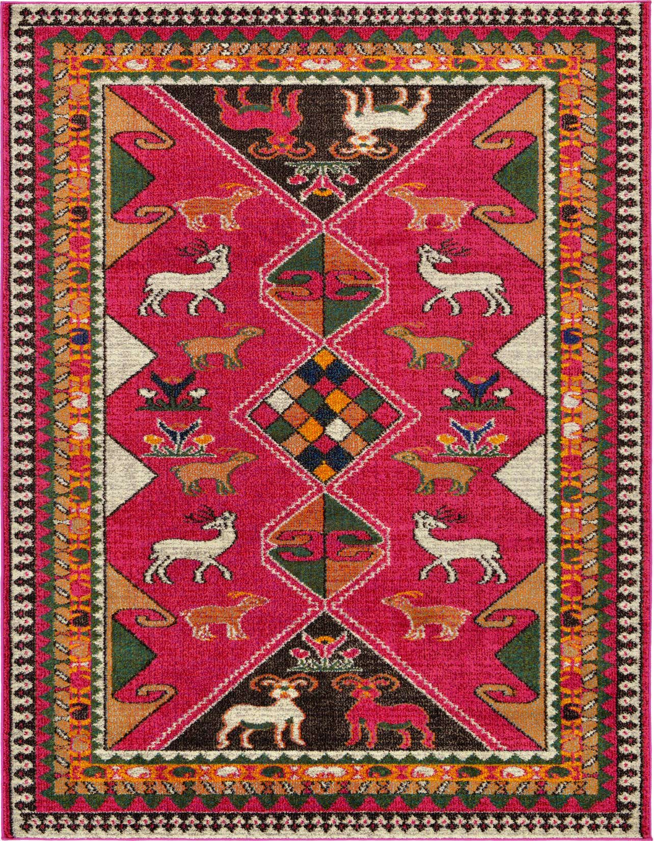 A vibrant 5x8 rectangular Mesa rug in pink, featuring a Southwestern tribal pattern with deer, goats, and geometric shapes, perfect for a living room.