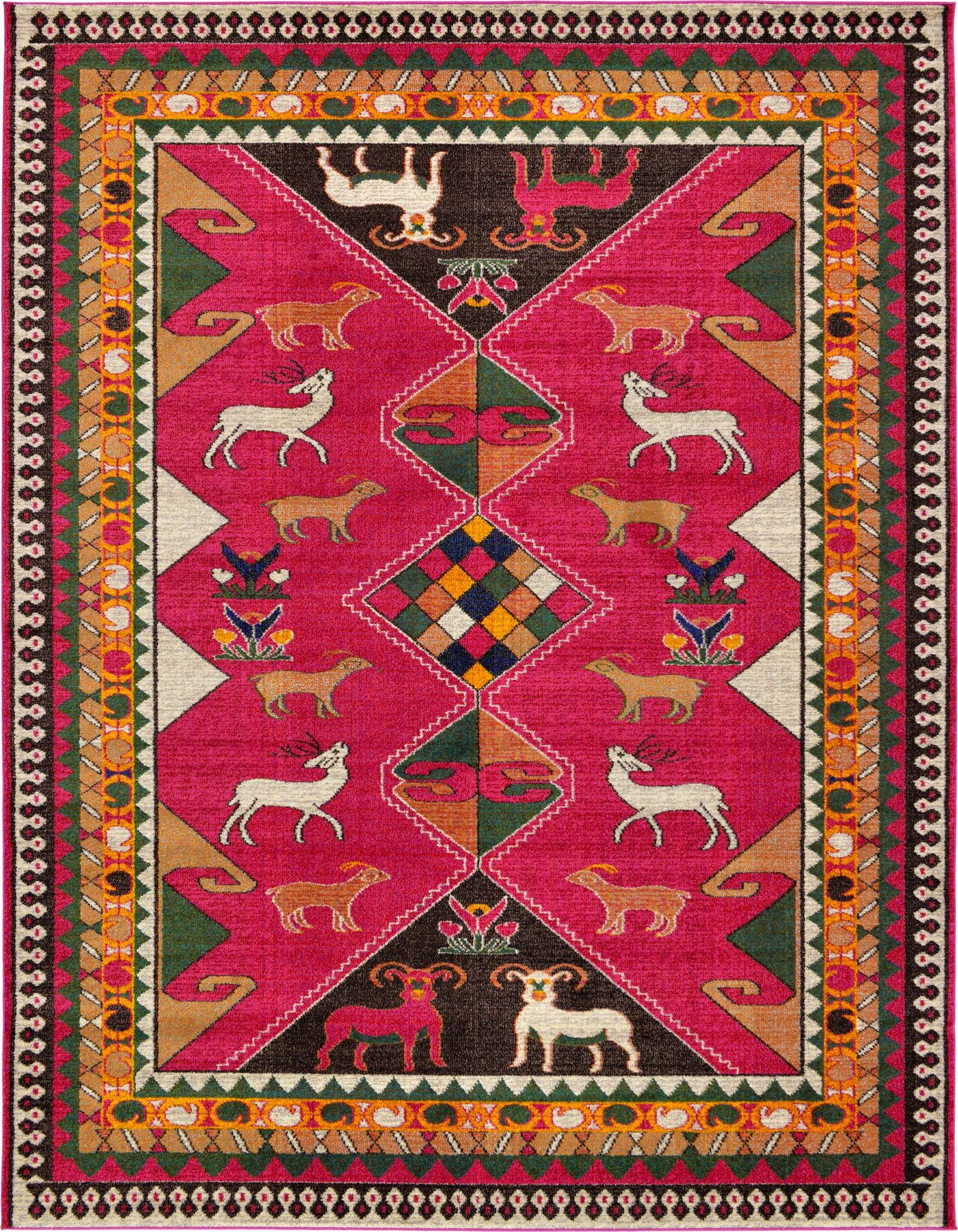 A vibrant 9x12 rectangular pink tribal rug featuring deer, goats, and geometric patterns, perfect for a living room.
