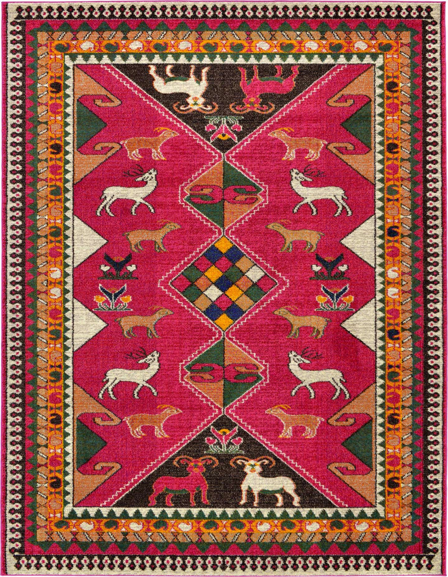 A vibrant 7x10 rectangular Mesa rug featuring a pink field with tribal deer and goat motifs, colorful diamonds, and a detailed border.