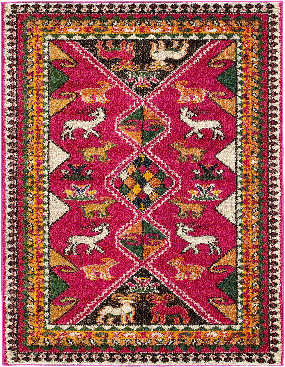 A vibrant 3x5 rectangular Mesa rug with a fuchsia pink background, featuring tribal animal motifs and geometric patterns in white, orange, green, and black.