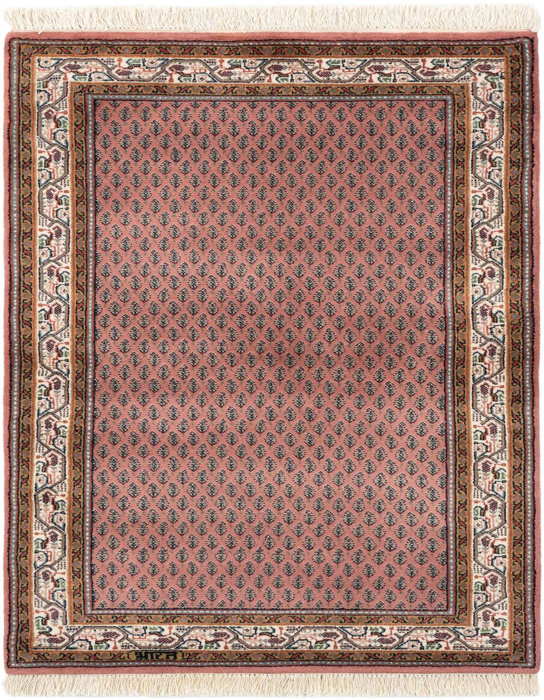 A 3x5 rectangular Mir collection rug in pink, featuring a traditional Oriental pattern with intricate borders, suitable for an entryway.