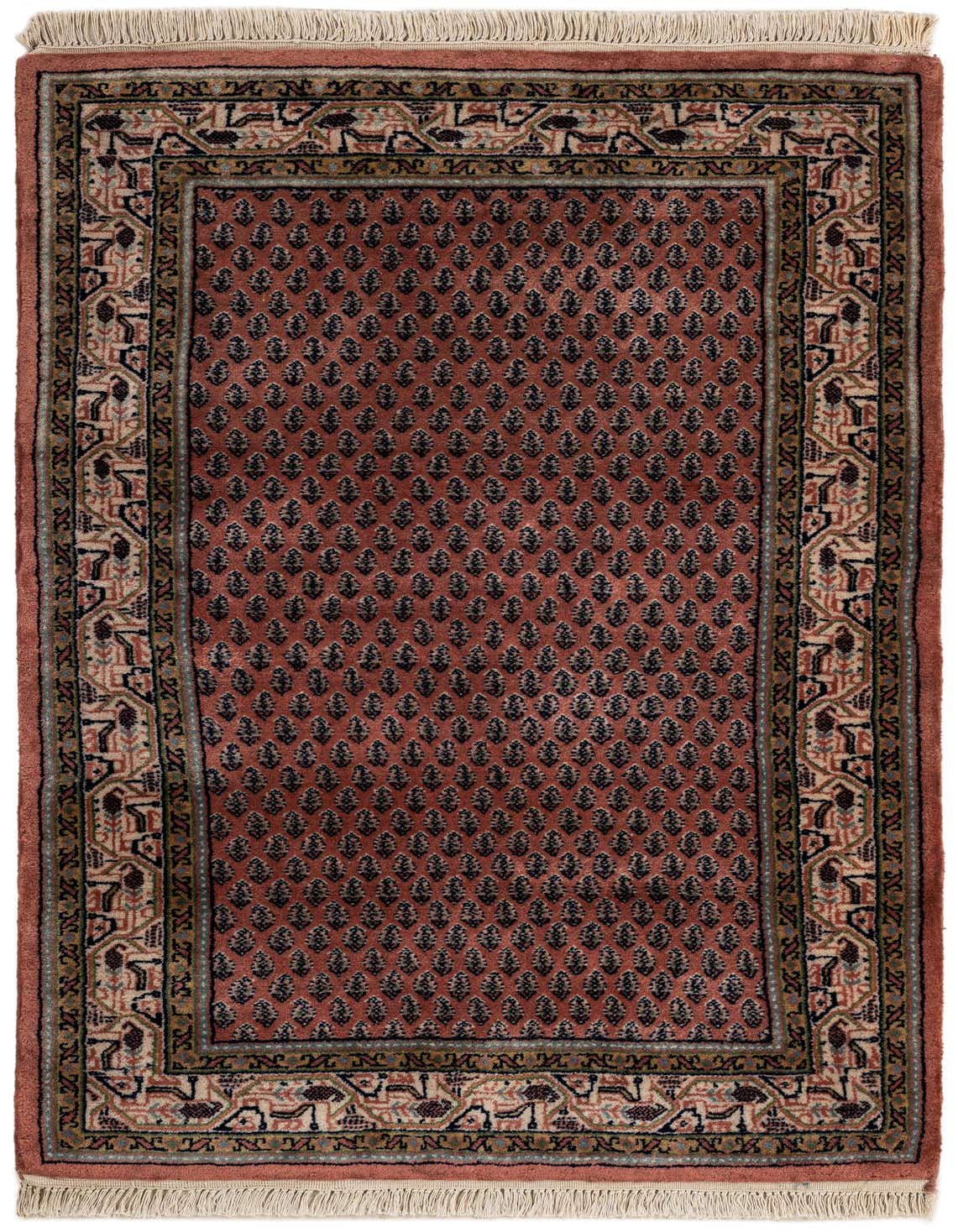 A 3x5 rectangular pink traditional Oriental wool rug with a detailed floral and geometric border, handmade.