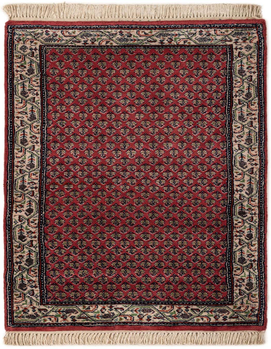 A 3x5 rectangular Mir wool rug in traditional Oriental style, featuring a deep pink field with intricate patterns and a detailed border.