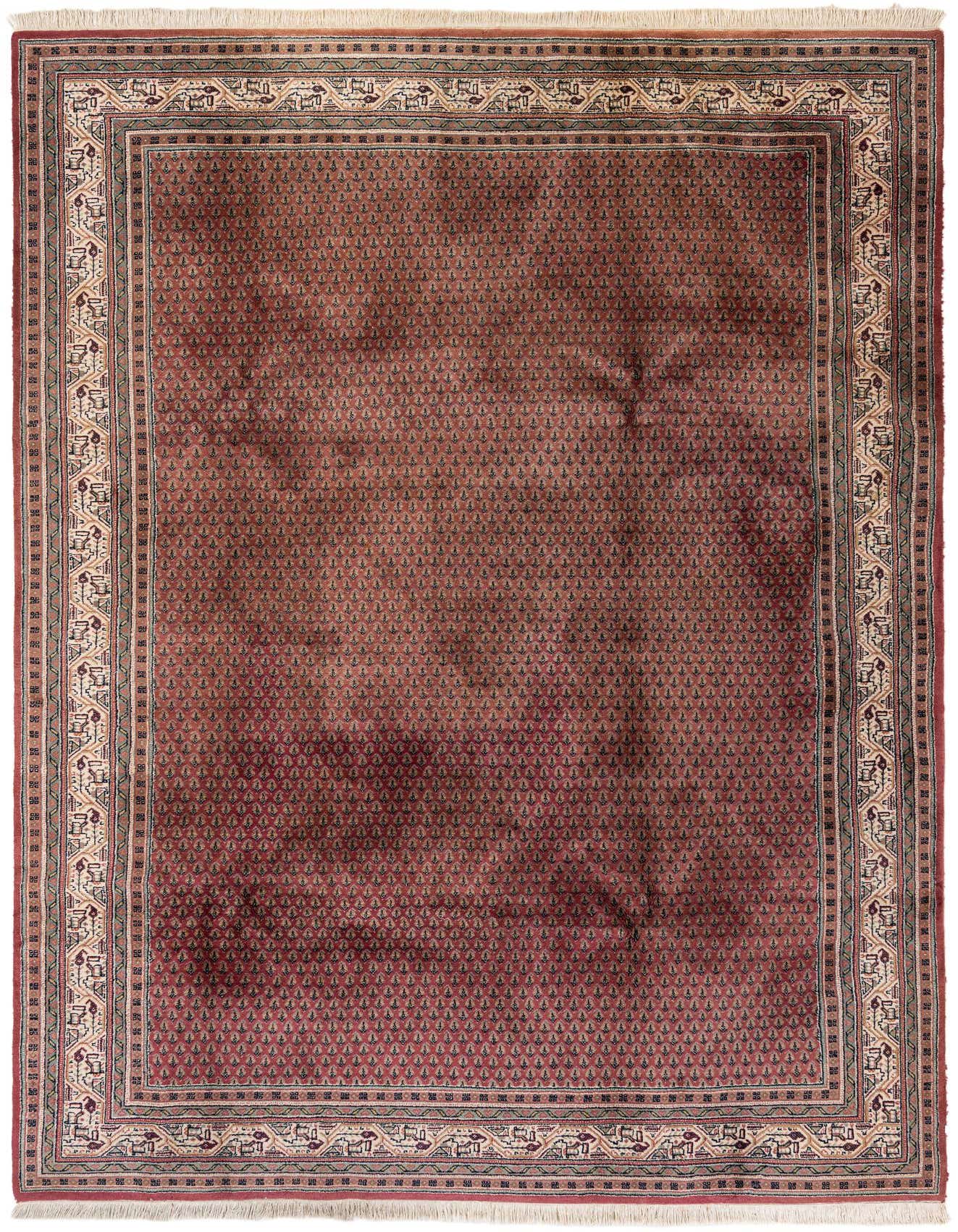 7x10 rectangular Mir Oriental rug in shades of pink with a detailed border, handmade from wool.