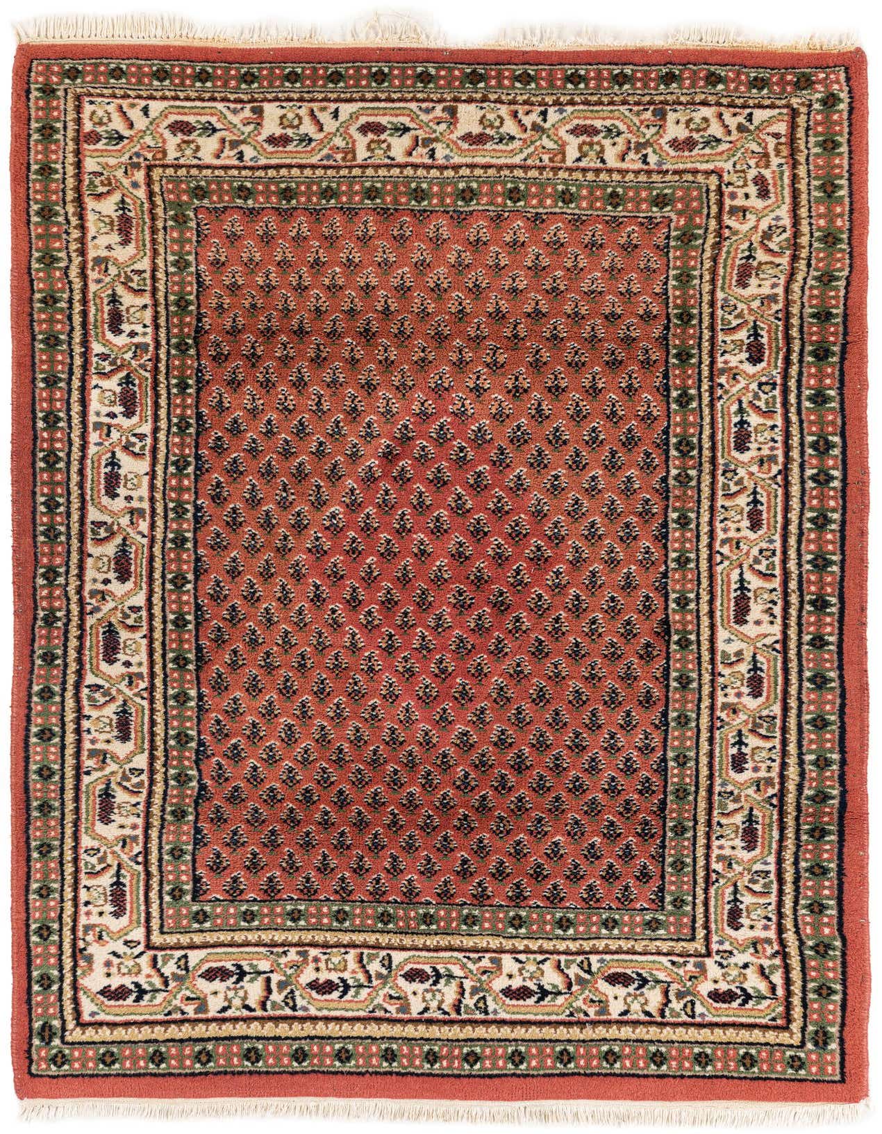 A 4x6 rectangular pink Oriental wool rug with a detailed floral and geometric border, showcasing a traditional design.