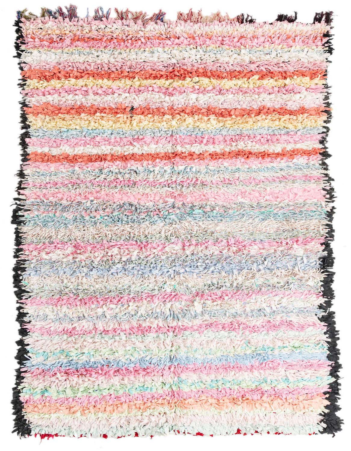 A 5x8 rectangular Moroccan shag rug with horizontal stripes in various pastel pinks, blues, yellows, and whites, framed by dark fringed edges.