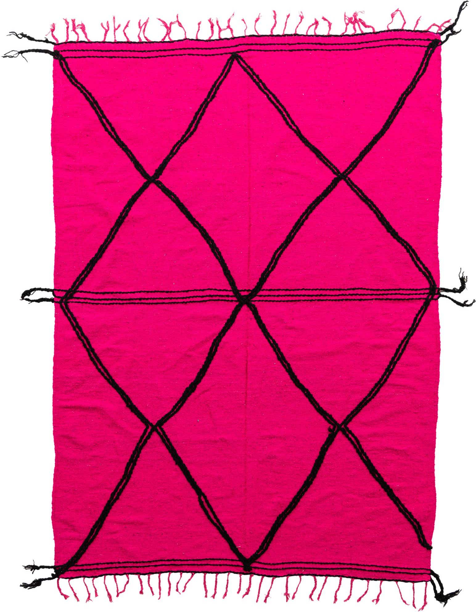 A vibrant 7x10 rectangular pink shag rug with a bold black tribal diamond pattern and fringe.