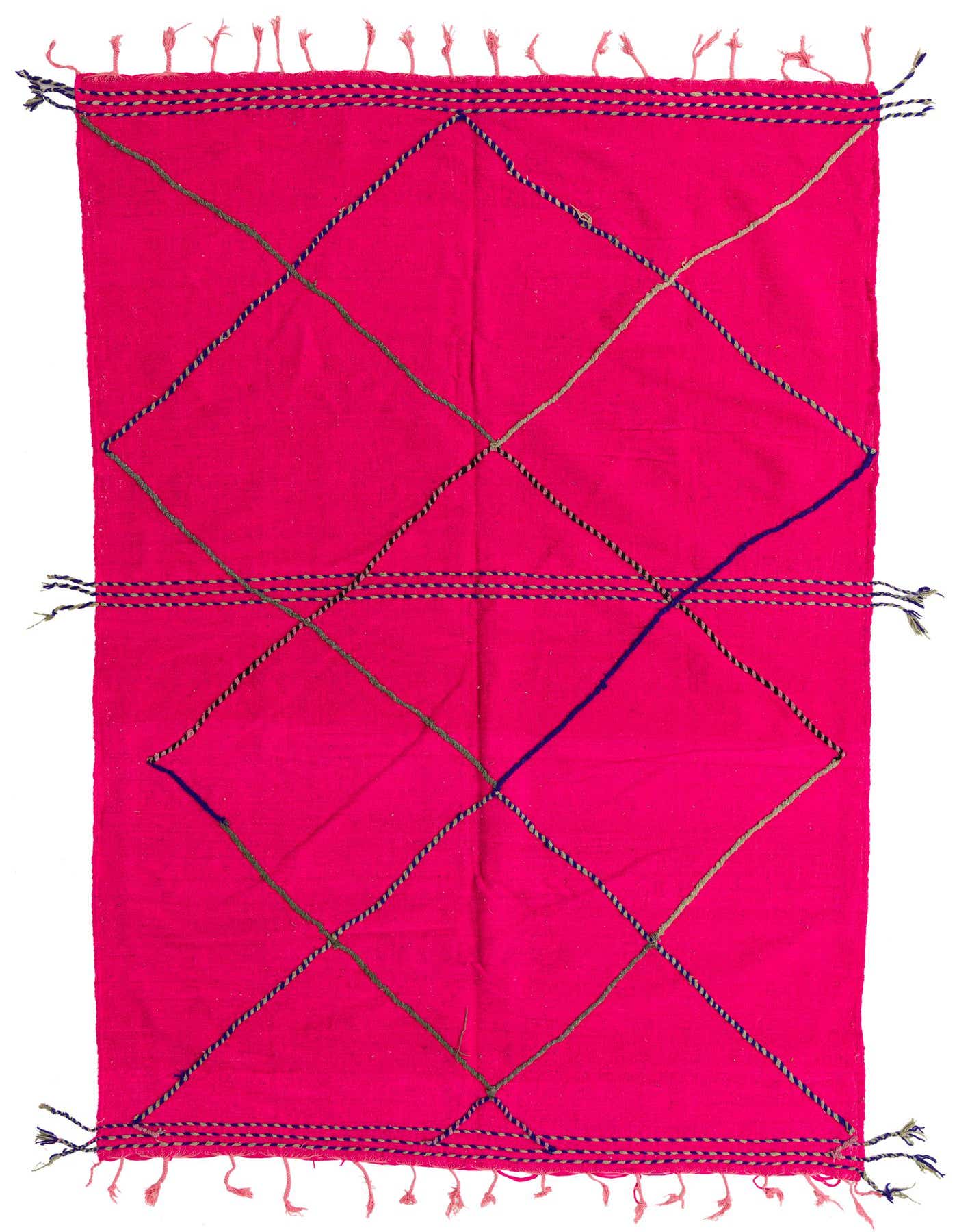 A vibrant 6x9 rectangular pink shag rug featuring a tribal diamond pattern in dark blue and olive green, with decorative fringe.