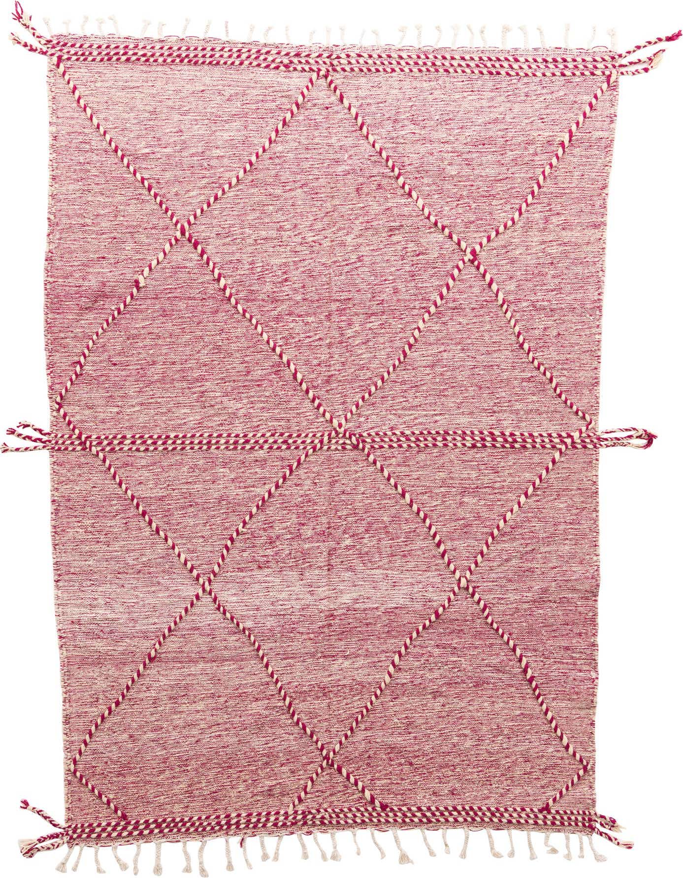 A 6x9 rectangular pink shag wool rug with a tribal diamond pattern and fringe, perfect for a living room.