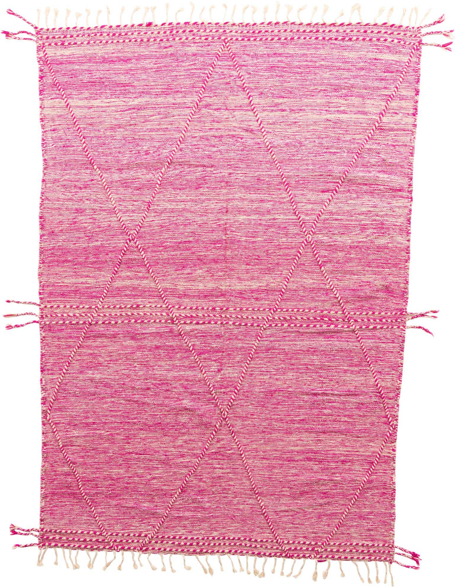 A 7x10 rectangular pink Moroccan shag rug with a diamond tribal pattern and fringe.