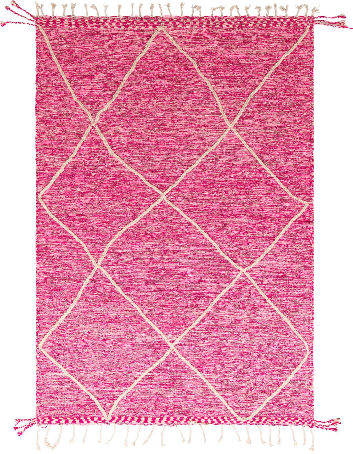 A 7x10 rectangular pink shag rug with a white tribal diamond pattern and fringe tassels, ideal for a living room.