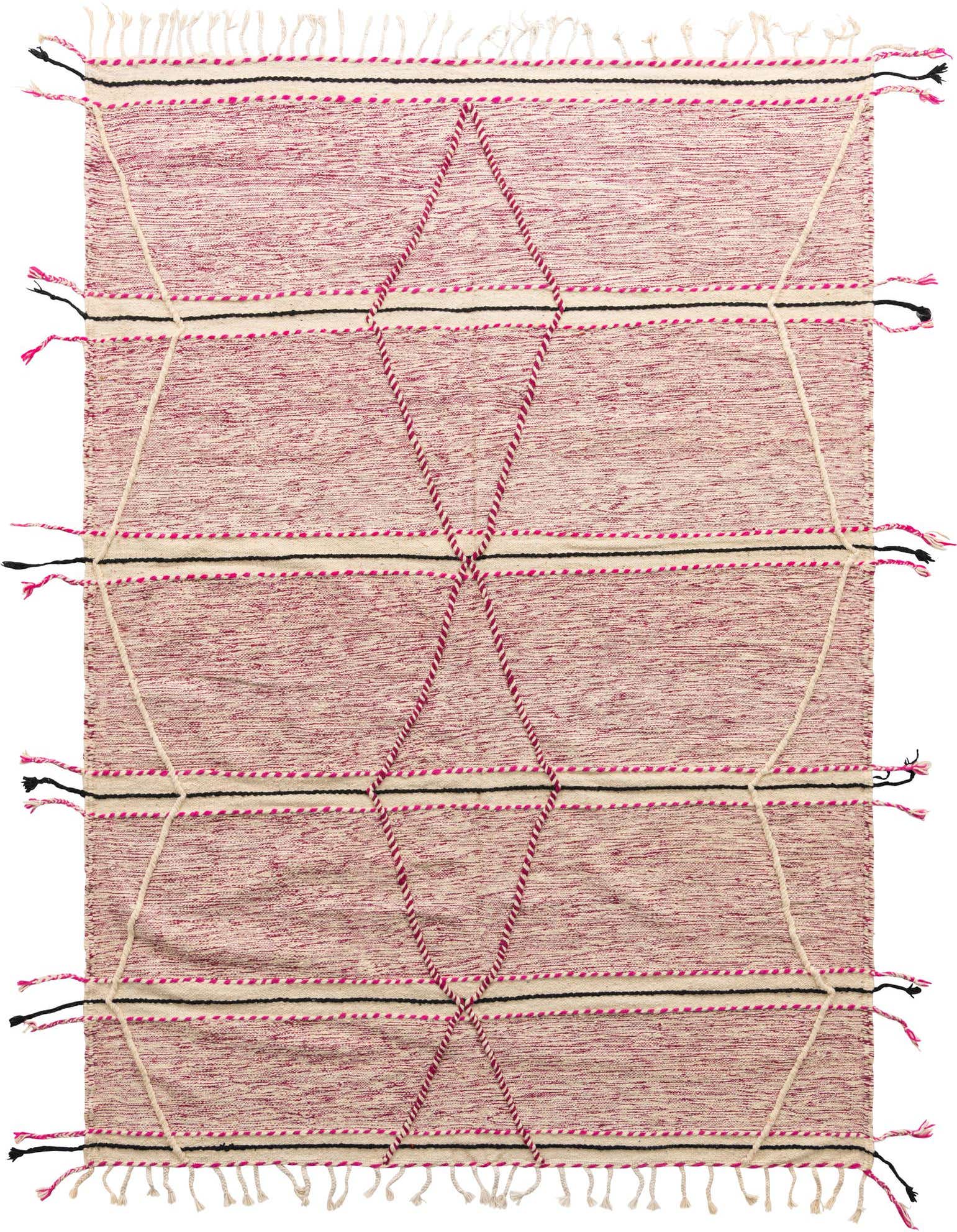 A 7x10 rectangular pink tribal shag rug with cream and black stripes, featuring a diamond pattern of braided pink and cream lines, and fringed edges.