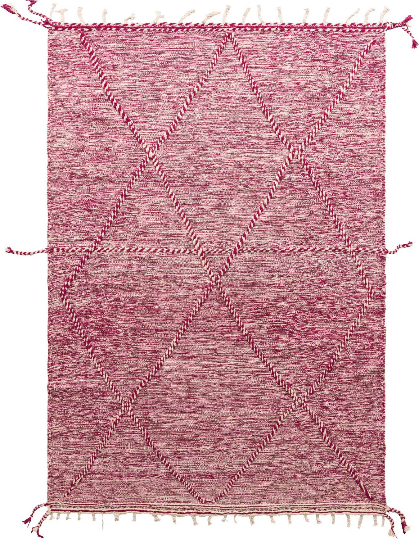 A 6x9 rectangular pink shag rug with a modern tribal diamond pattern and decorative tassels.