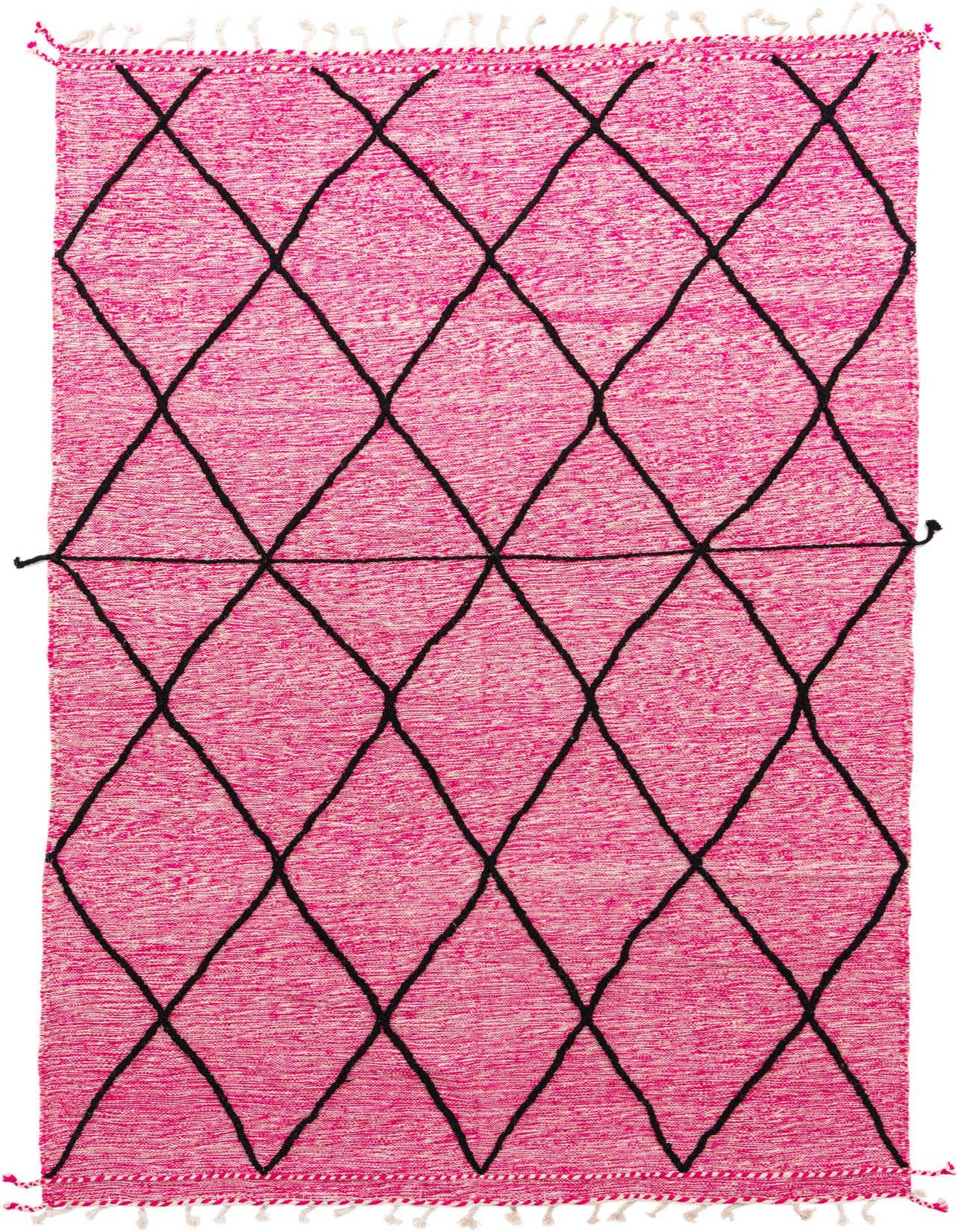 A 7x10 rectangular pink shag rug with a bold black tribal diamond pattern and white fringe.