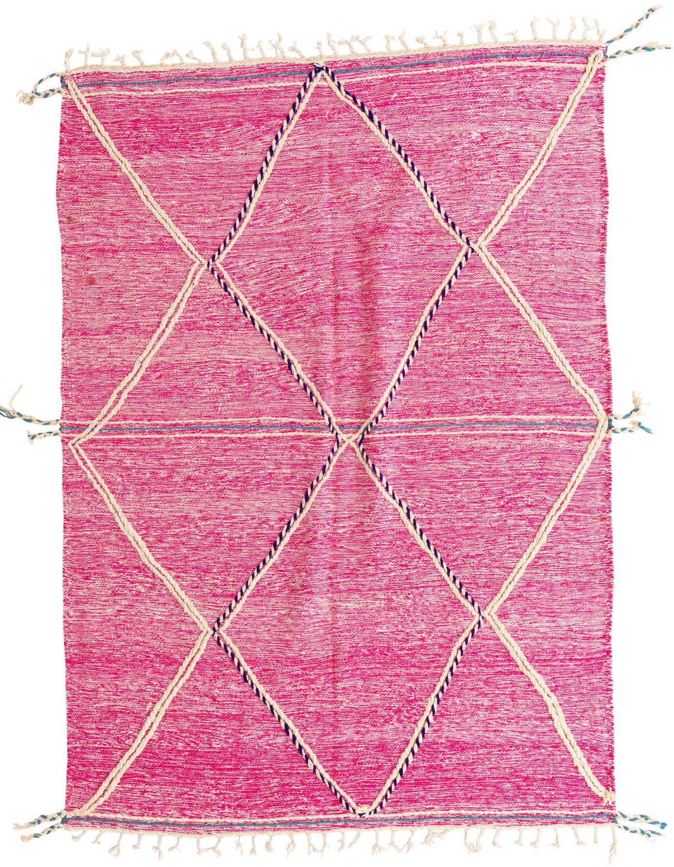 A vibrant 7x10 pink rectangular Moroccan shag rug with a white and navy tribal diamond pattern.