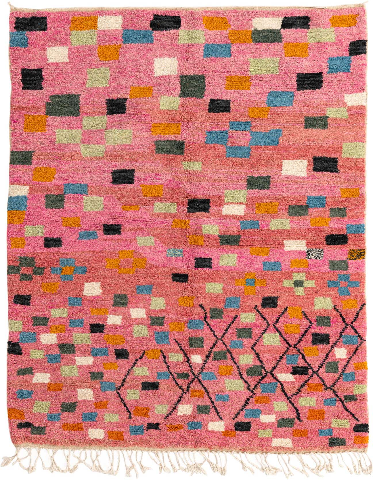 A 5x8 rectangular pink shag rug with a playful, modern tribal pattern of colorful squares and black diamond lines, ideal for a living room.