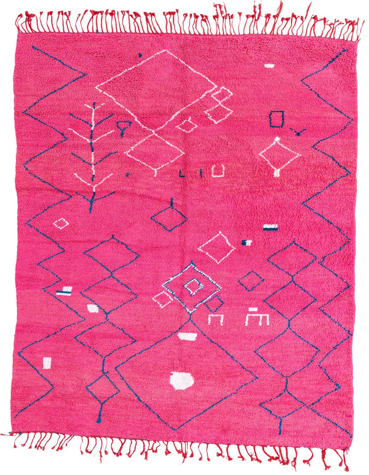 A vibrant 6x9 rectangular pink shag rug with a modern tribal pattern of white and blue geometric shapes.