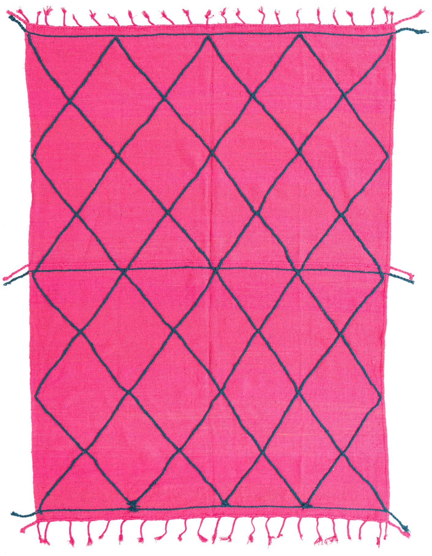 A vibrant 6x9 rectangular pink shag rug with a dark teal diamond tribal pattern and fringe edges.