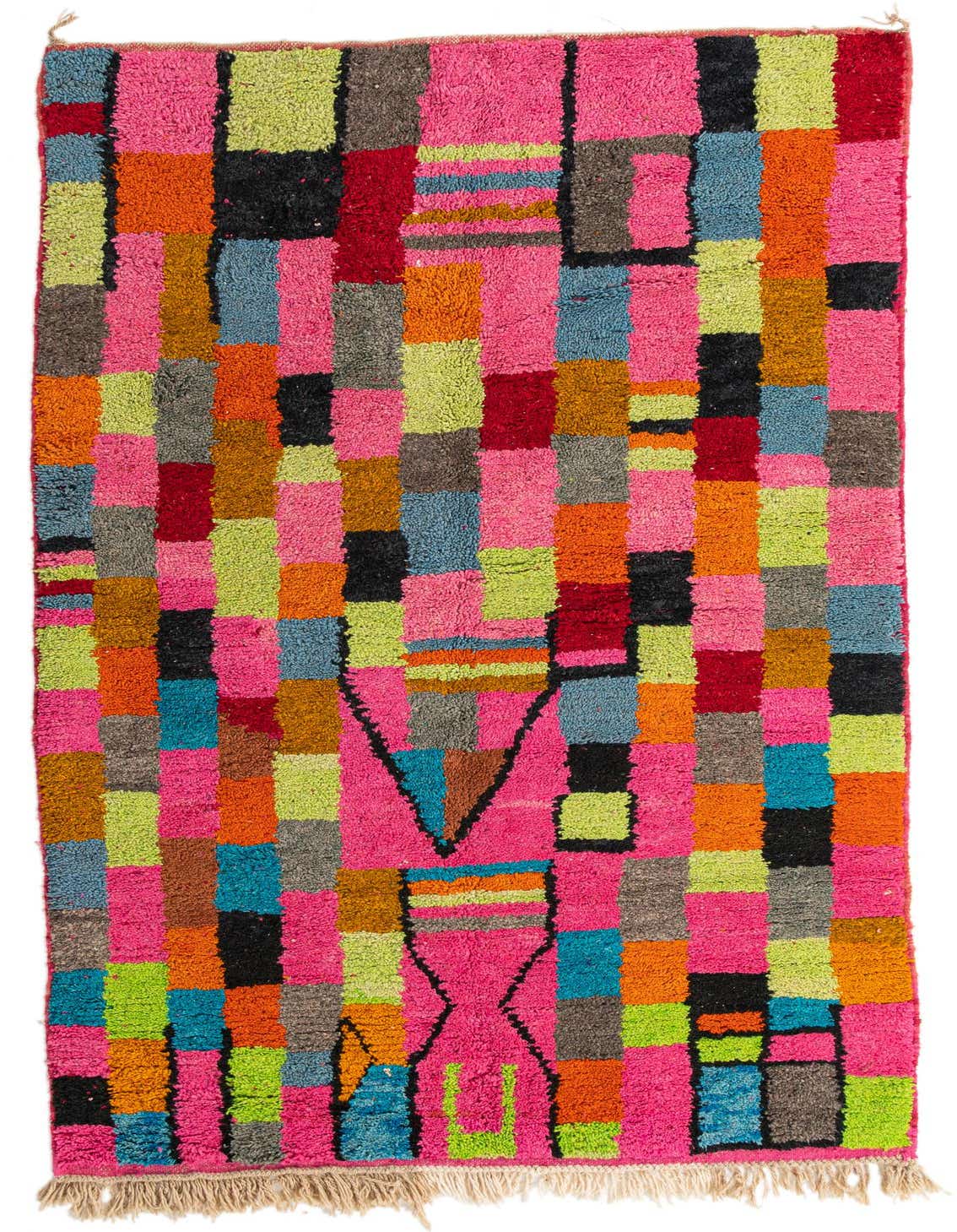 A vibrant 5x8 rectangular shag rug with a modern tribal pattern in various shades of pink, orange, blue, green, and black, featuring abstract geometric shapes.