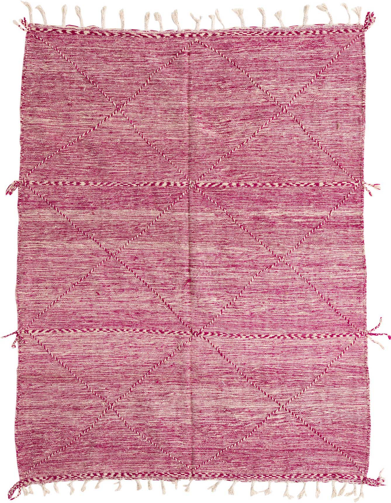 A 6x9 rectangular Moroccan shag rug in varying shades of pink, featuring a tribal diamond pattern with braided details and white tassels.