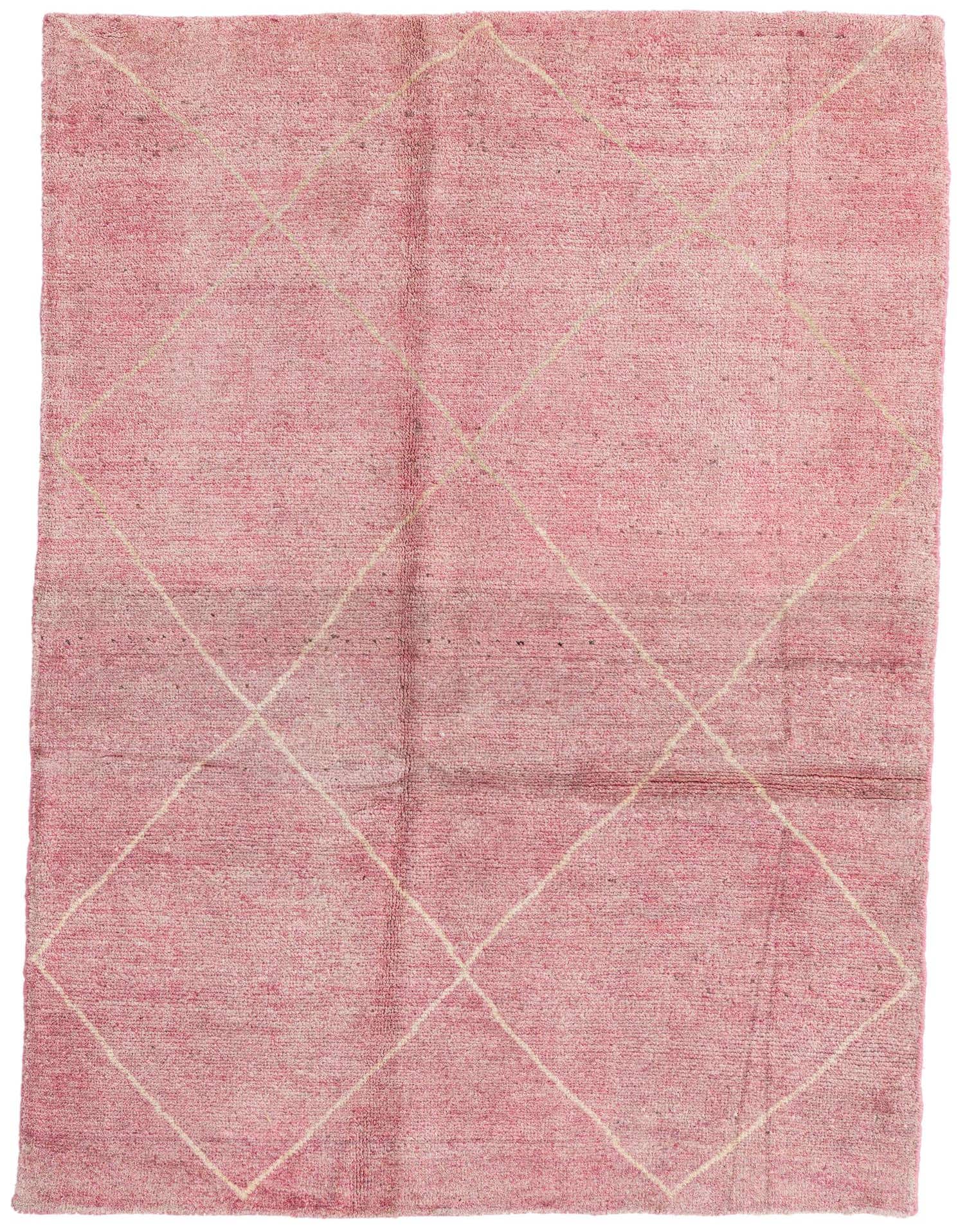 A 5x7 rectangular pink shag rug with a cream tribal diamond pattern, ideal for an indoor living space.