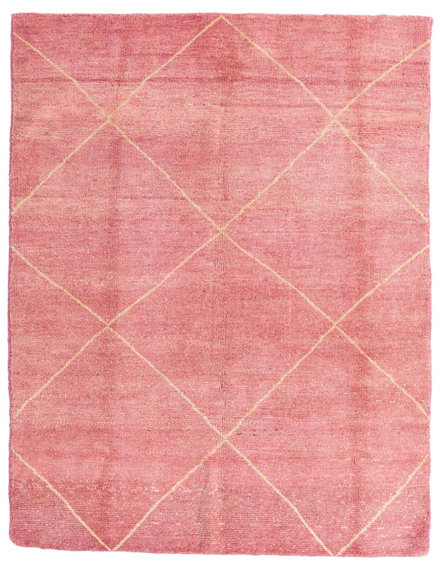 A 5x7 rectangular pink shag rug with a light beige diamond trellis pattern, suitable for indoor use.