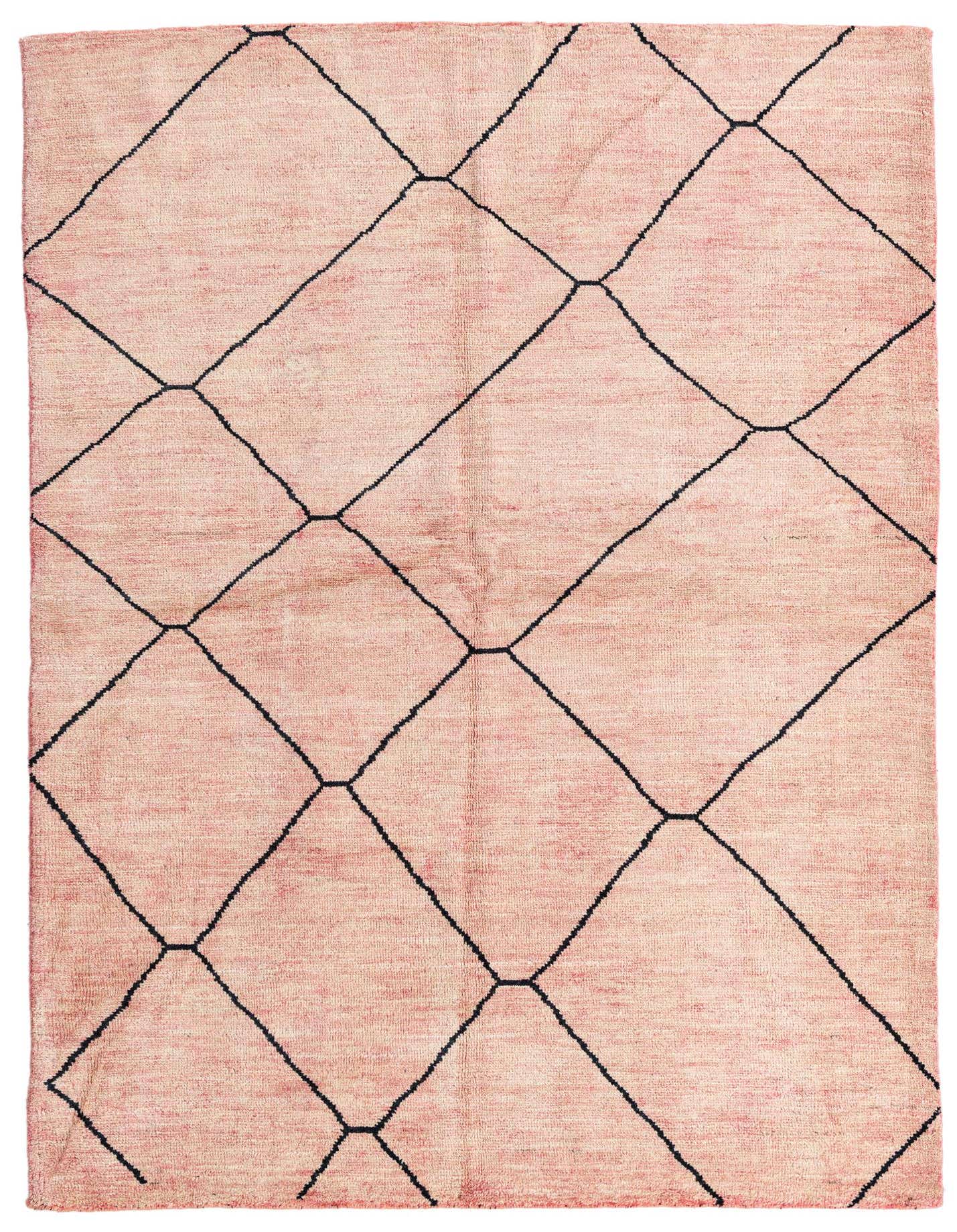 A 6x9 rectangular pink shag rug with a black tribal geometric diamond pattern, suitable for a living room.