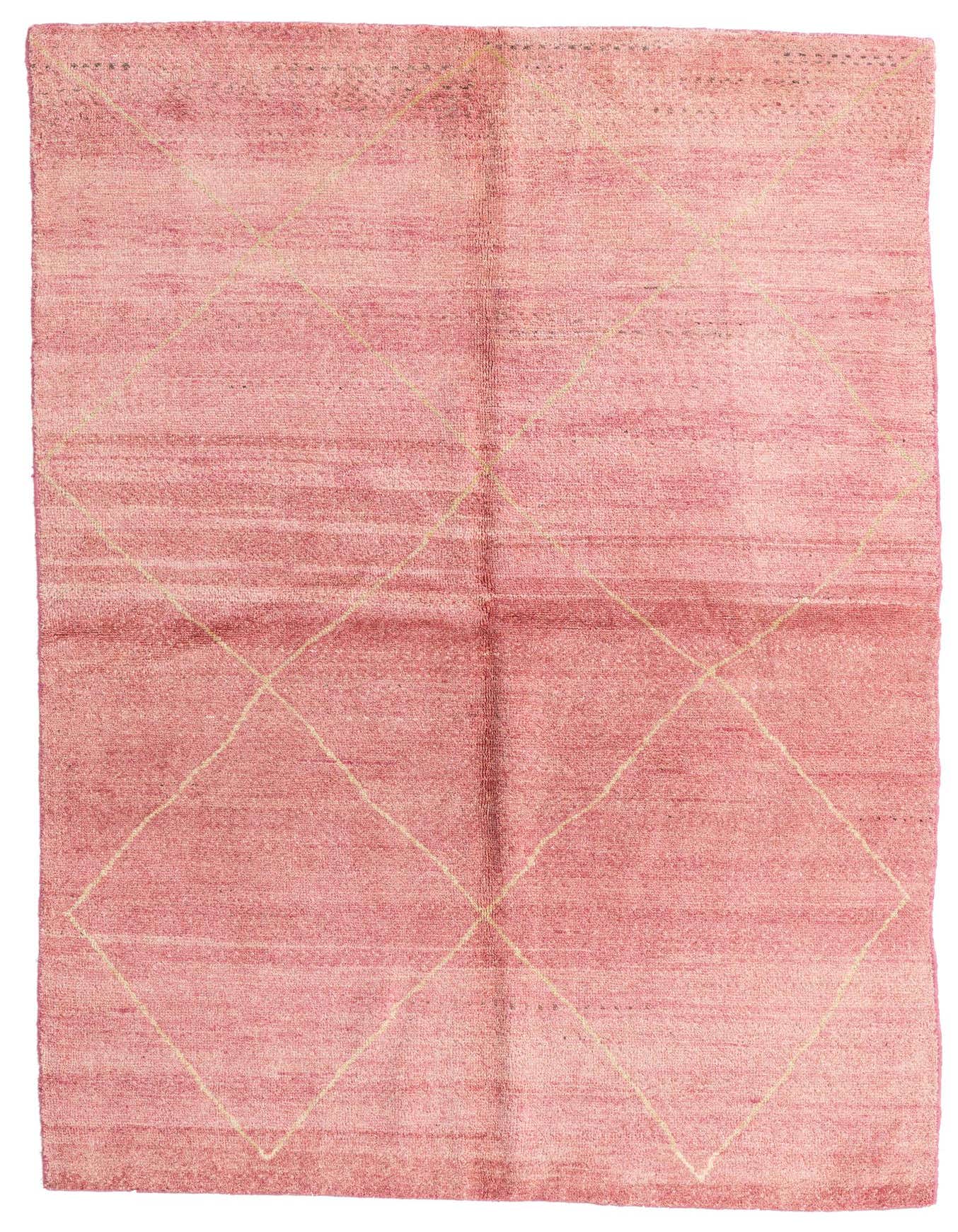A 6x9 rectangular pink shag rug with a subtle cream diamond pattern, ideal for a living room.