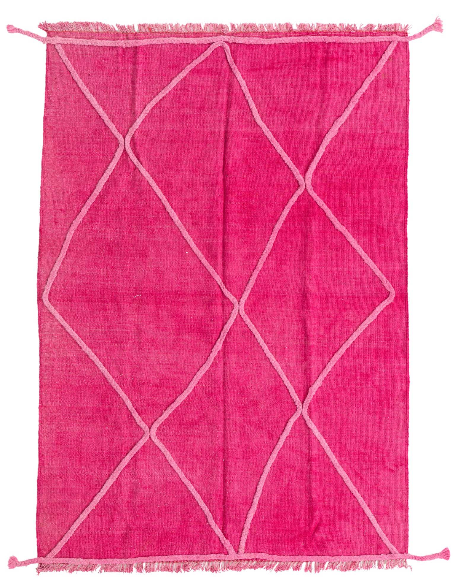 A 4x6 rectangular pink shag rug with a lighter pink tribal diamond pattern and fringe tassels.