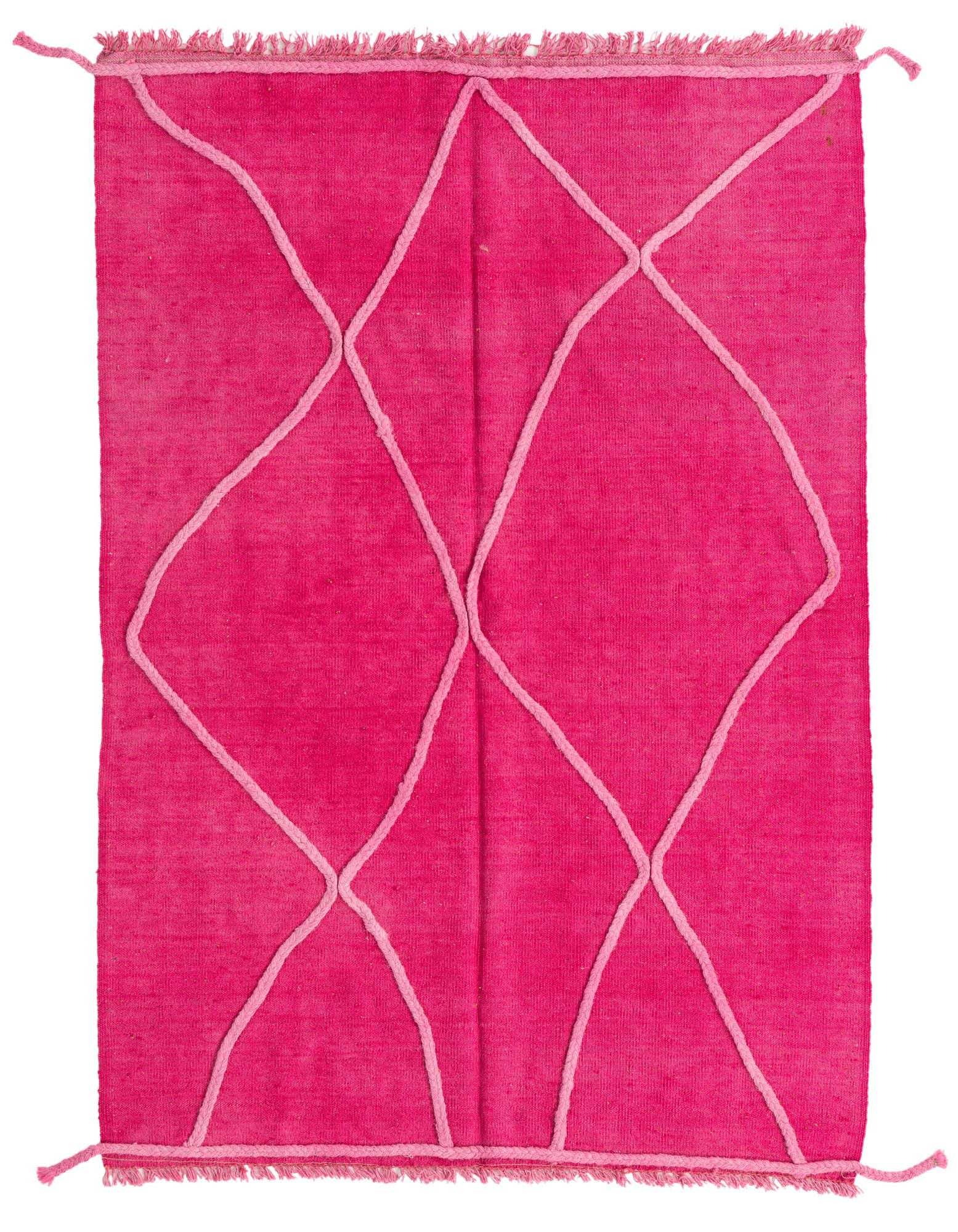 A 4x6 rectangular pink shag rug with a lighter pink tribal diamond pattern, handmade from 100% wool.