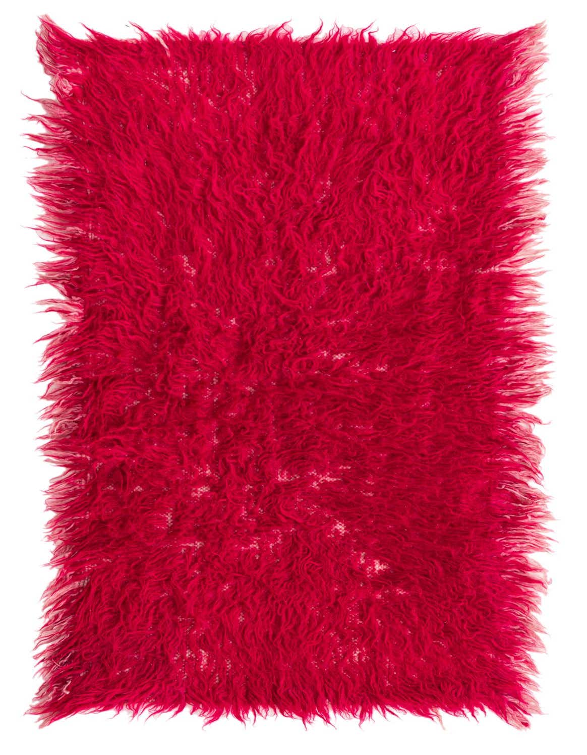 A vibrant 2x3 rectangular shag rug in a deep pink hue, featuring a plush, shaggy texture and visible handmade craftsmanship.