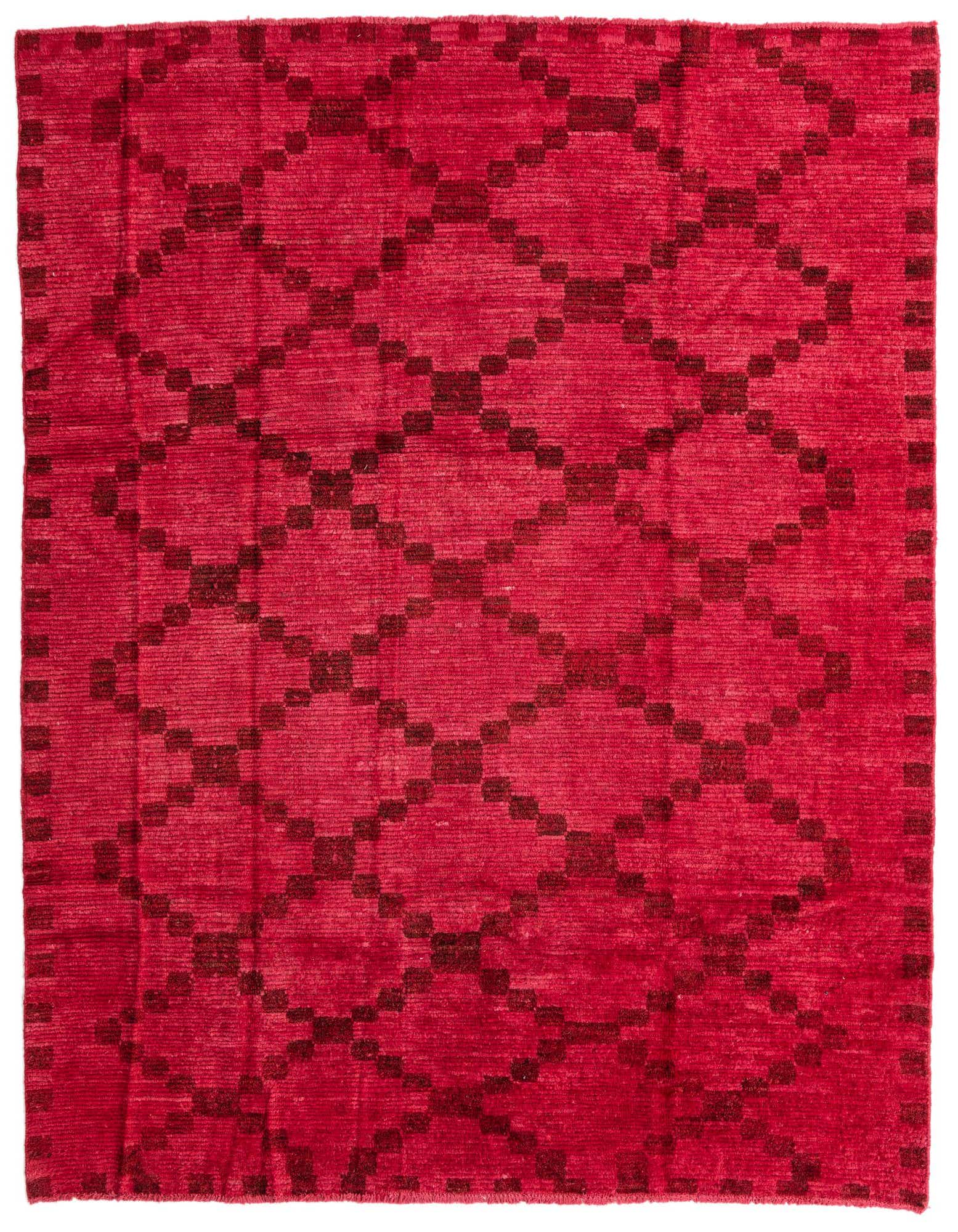 A vibrant 8x10 rectangular pink wool shag rug featuring a modern tribal geometric pattern in darker pink tones.