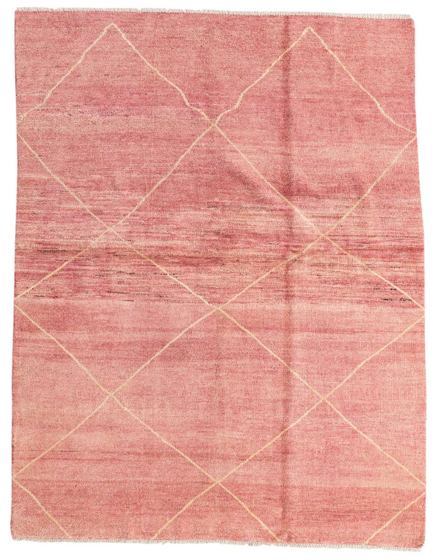 A 5x8 rectangular pink Moroccan shag rug with a subtle cream diamond pattern, ideal for a living room.