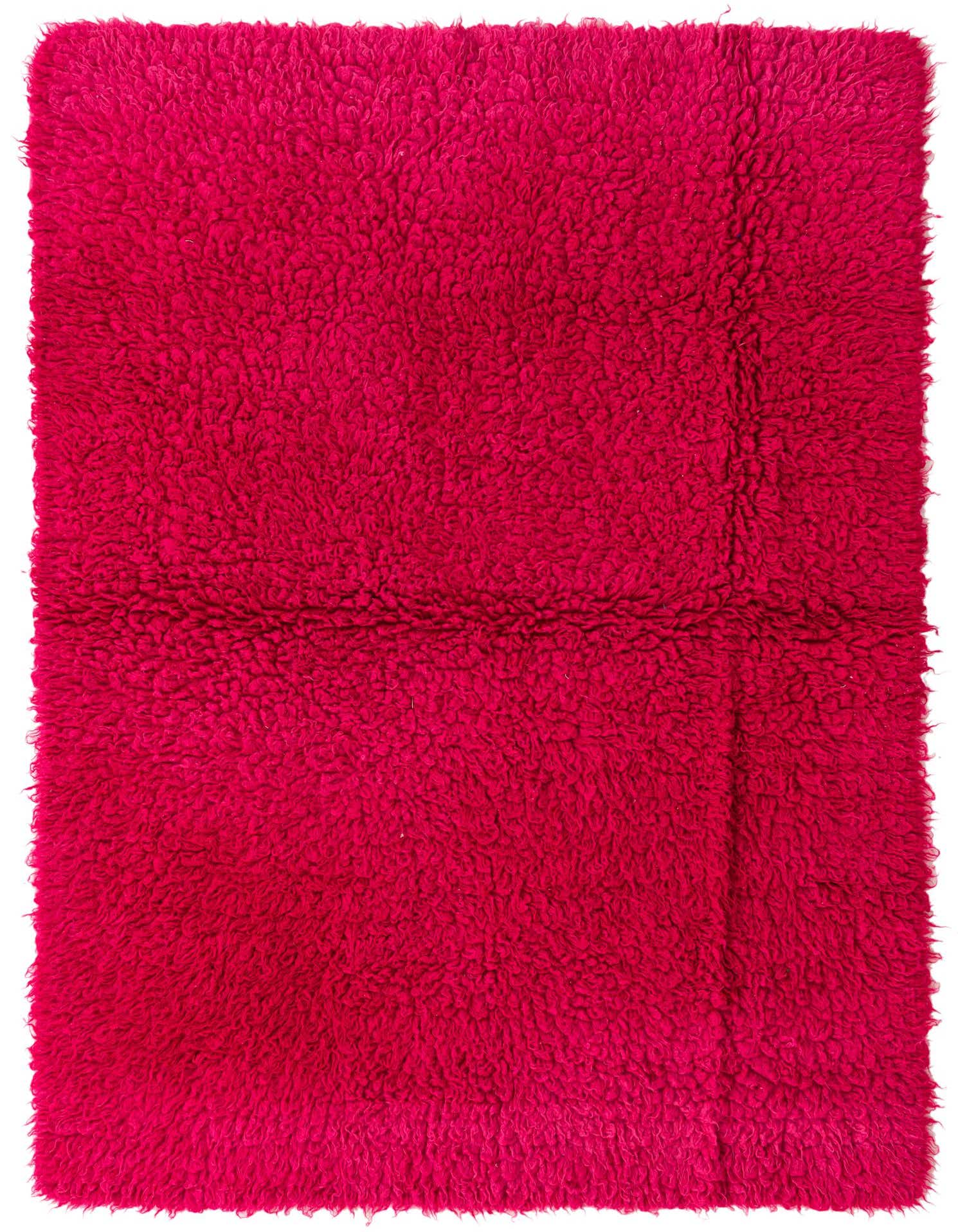 A rectangular 5x8 hot pink shag rug made of wool, featuring a plush, textured pile suitable for a living room or bedroom.