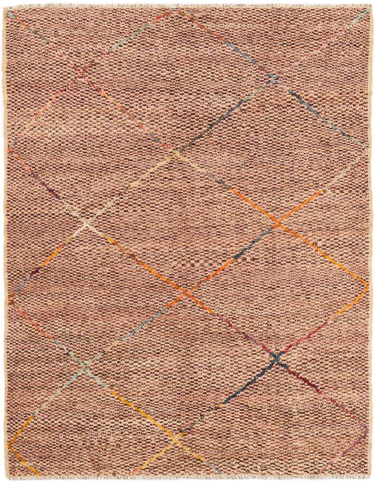 A 5x8 rectangular pink shag rug with a modern tribal pattern of thin, colorful intersecting lines.