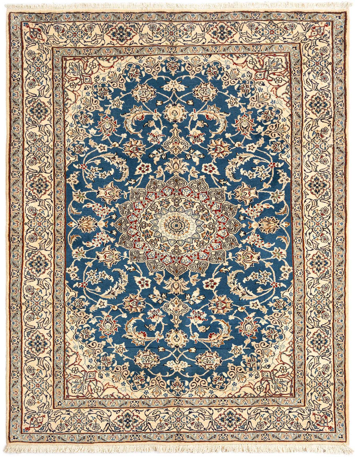 A rectangular 7x10 Persian rug with a central medallion on a deep blue field, surrounded by an intricate floral pattern and a cream border.