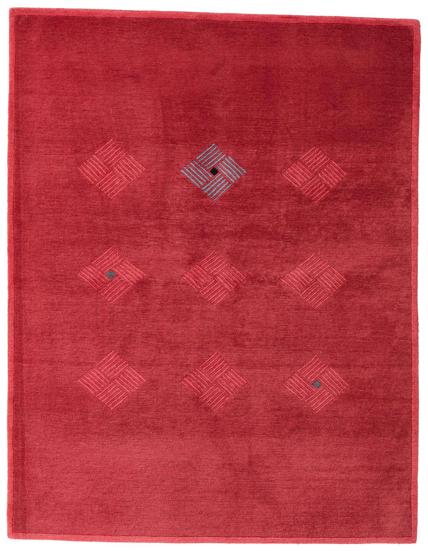 A 6x9 rectangular Nepal collection rug in a rich pink hue with a high pile. It features a modern abstract pattern of nine subtle square motifs, one with blue and black accents.
