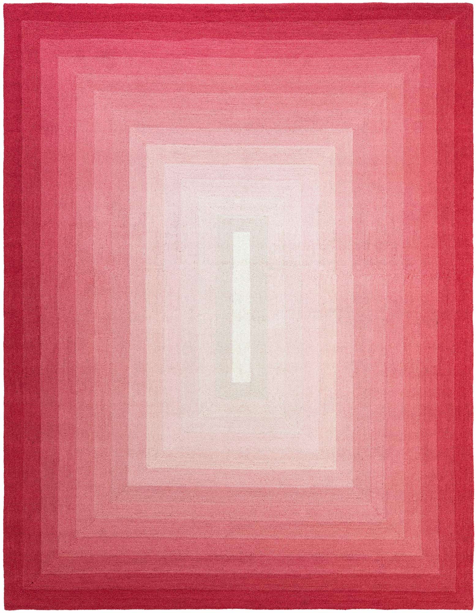 An 8x10 rectangular Ombre Wool rug in varying shades of pink, from deep rose to light blush, with a subtle white stripe in the center, perfect for a living room.