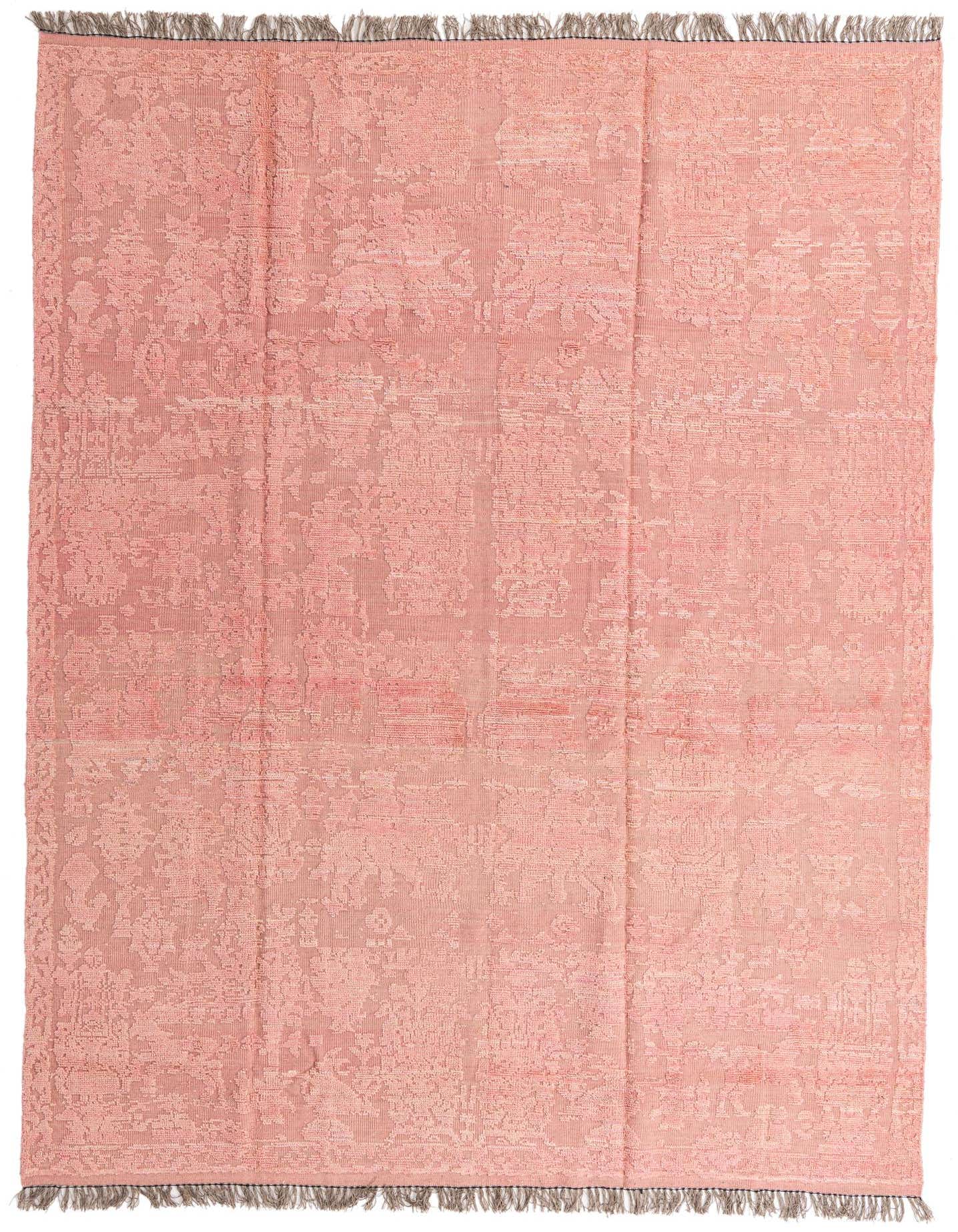 A 9x12 rectangular pink wool area rug with an abstract modern pattern and fringed edges.